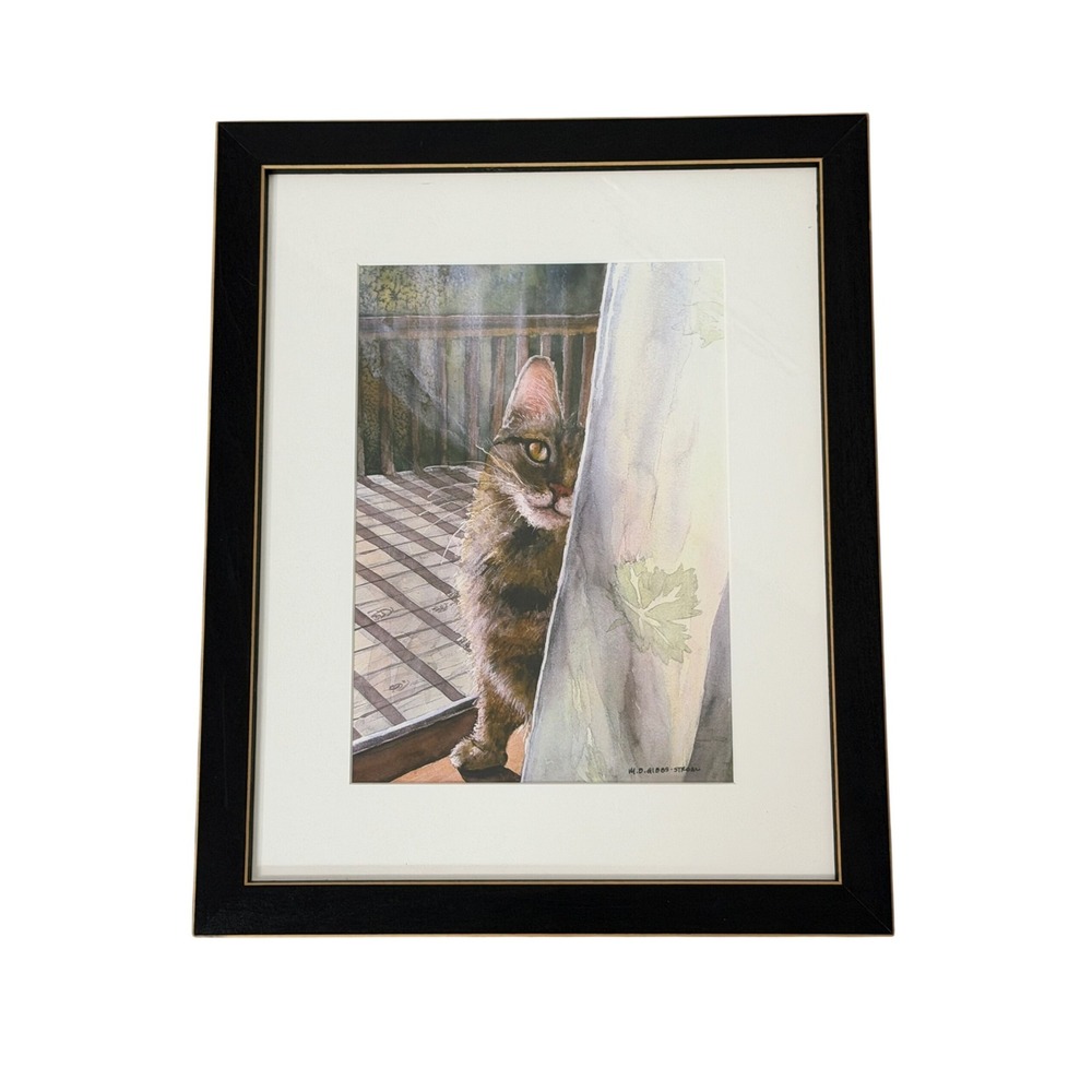 Mary Gibbs-Strom Cat Print Art Multicolor Framed Watercolor Style 15"X 13"